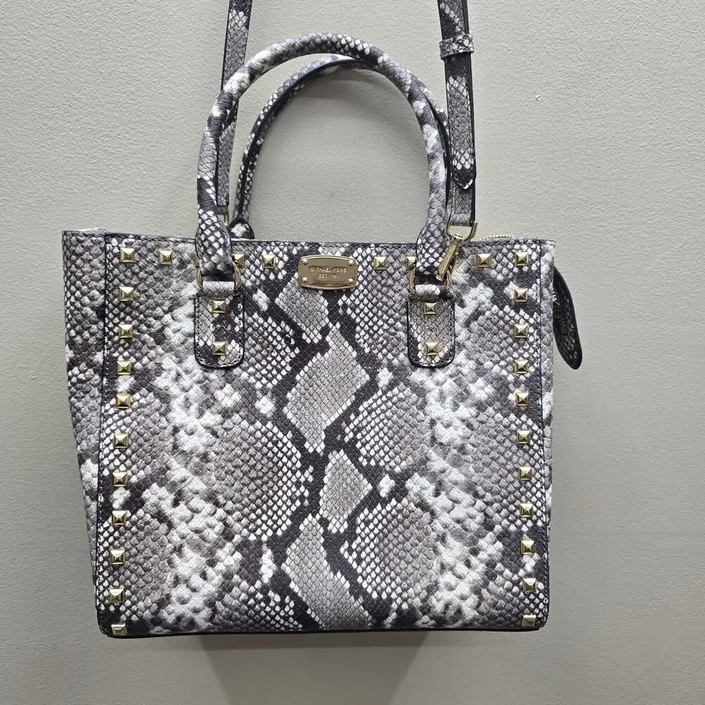 Michael Kors Studded Snake-Print Satchel Tote Bag Shoulder Crossbody Grey White